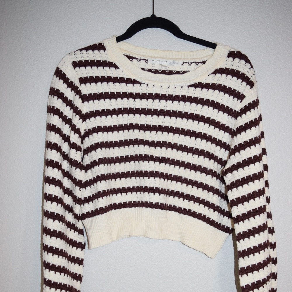 Altar’d State Cropped Brown and cream Horizontal Striped Soft Medium Sweater - Picture 4 of 10